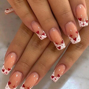 24Pcs Short Square French White Edge Nails Polka Dot Star Red Heart Set sh